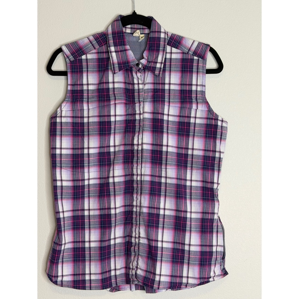 Dakini Women's Pink Purple Plaid Boyfriend Sleeveless Button Down Hiking Shirt S